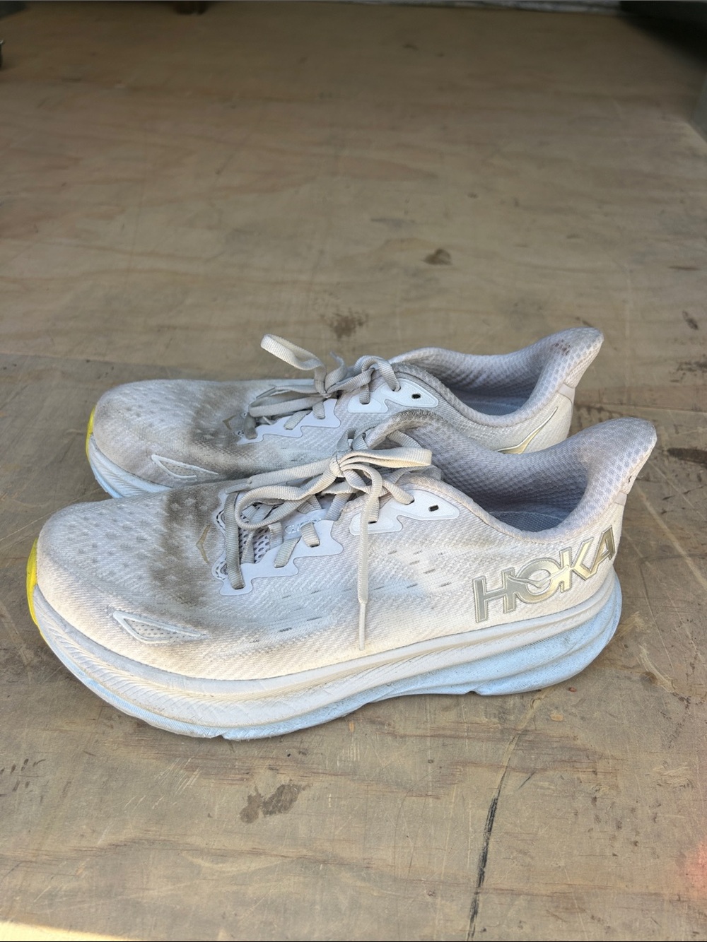 Hoka White Running Sneakers with Yellow Toe Detail